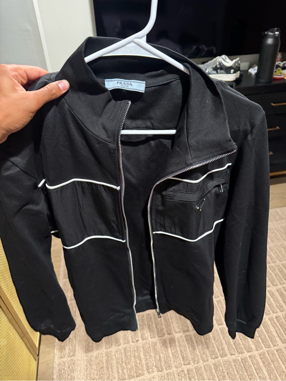 Prada Black Zip-Front Bomber Jacket with White Piping